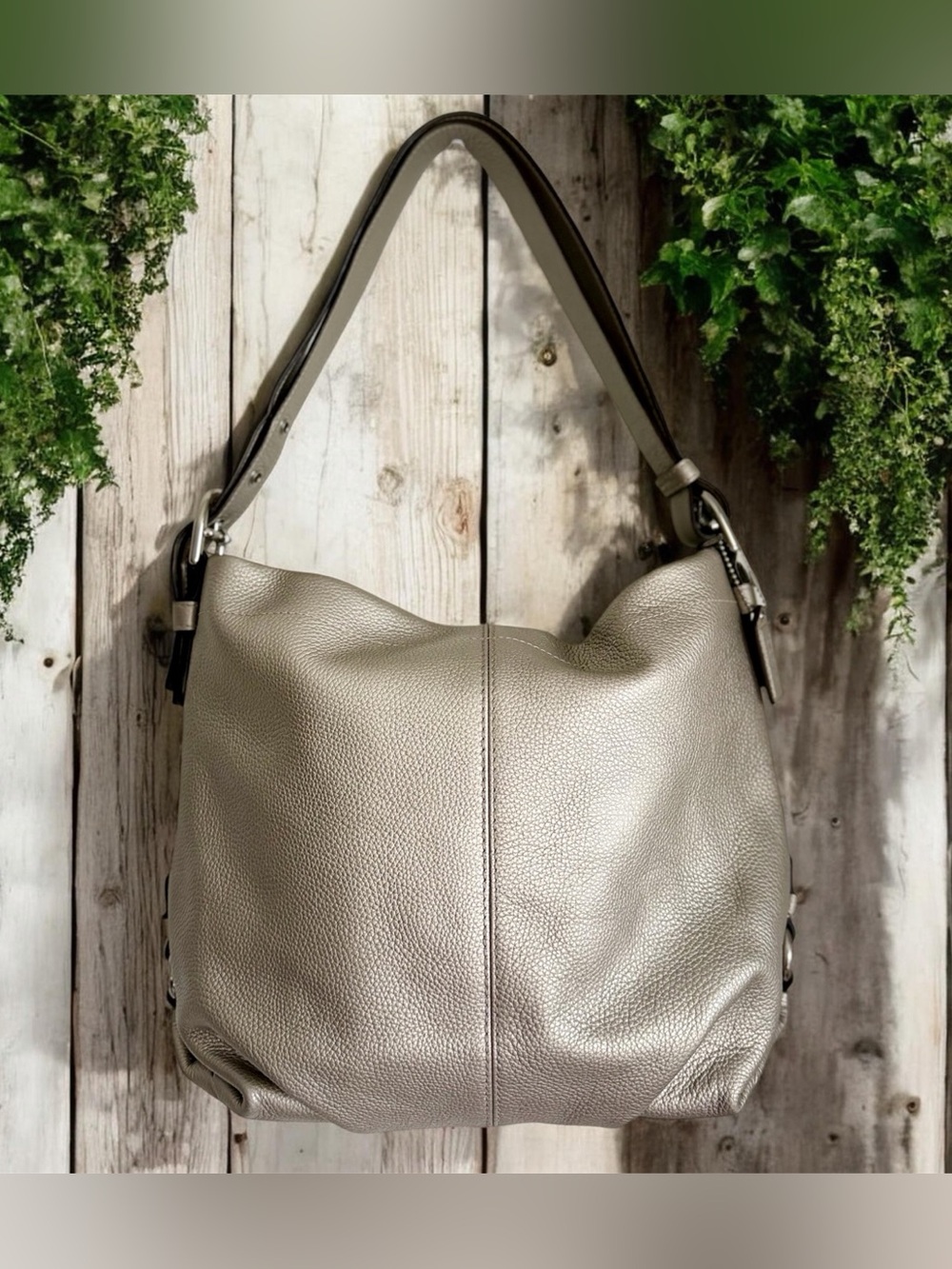 Coach Metallic Taupe Leather Hobo Shoulder Bag – Purple Lining – Pre-Loved
